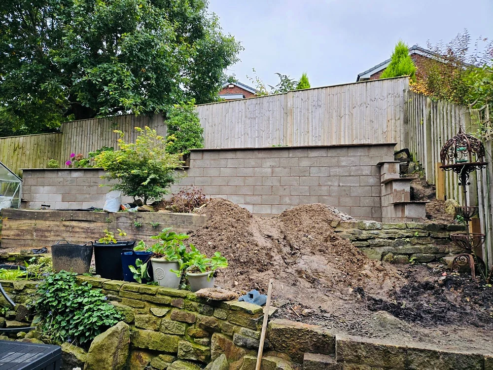 The garden with the new block wall at the back